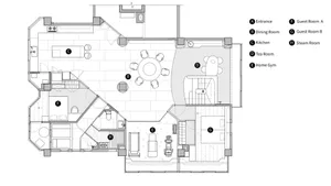 Black and white floor plan of a well-organized home with clear demarcations between living areas