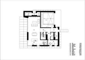 2D floor plan of a modern house with clean lines, labels, and measurements, showcasing a living room, kitchen, dining area, and bedroom