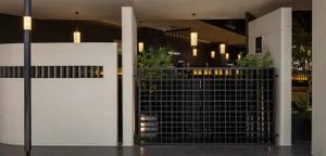 A simple indoor space with a black metal gate, two potted plants, and decorative vases, set against a white wall