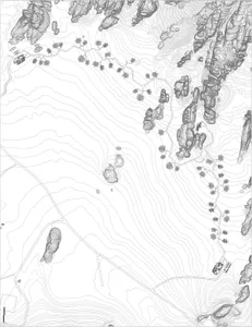 Top-down view of a mountainous landscape with a road, trees, rocks, and buildings
