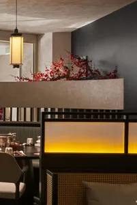 A cozy restaurant dining area with black walls, tables, chairs, a potted plant, and a vase on one of the tables