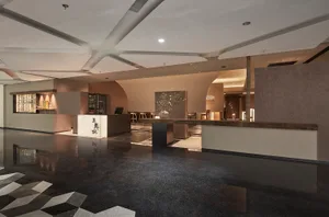 A hotel lobby with a large open area, a counter, chairs, and a potted plant, creating a welcoming atmosphere for guests