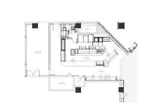 Empty interior space with white walls, linework, and labels on a 2D floor plan