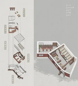 2D floor plan of a modern building with various rooms and seating areas, featuring linework, labels, and measurements