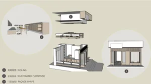 A modern interior space with a kitchen, dining area, and living room, featuring clean lines, minimalistic design, and well-lit atmosphere