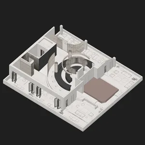 2D floor plan of a modern open-plan space with dining, kitchen, and living areas, featuring clean lines, minimalistic elements, and a neutral color scheme