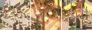 Dining area with multiple tables, chairs, and potted plants, creating a warm and inviting atmosphere