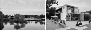 A serene outdoor space with a patio, a clubhouse, and lush greenery, featuring a bench and potted plants, with a pool, dining tables, chairs, and umbrellas