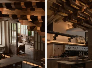 Cozy restaurant interior with wooden furniture, bottles, and a warm atmosphere, accompanied by a rustic exterior with a wooden door and potted plant