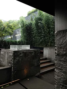 A modern living space with a stone wall featuring bamboo plants, a staircase, and potted plants throughout, blending indoor and outdoor elements