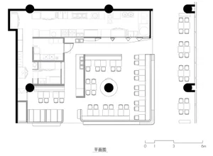 2D floor plan of a modern restaurant with multiple dining tables and chairs, featuring a top-down layout with linework and labels