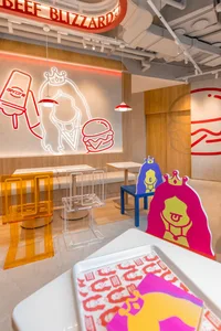 casual restaurant interior with wooden floors and walls, featuring chairs, tables, and decorative elements