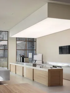 Open kitchen with a large island, two sinks, and various appliances, surrounded by wooden walls and filled with natural light