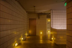 Dimly lit hallway with brick walls, metal door, and industrial lighting