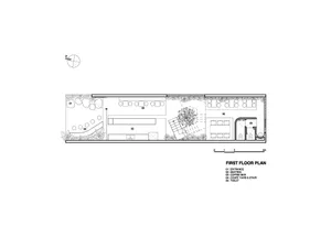 Black and white floor plan of a hotel with various rooms, including a lobby and dining area, showcasing a modern and functional design
