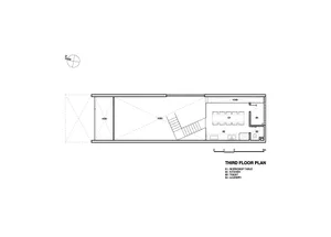Black and white third floor office building plan with clear divisions between areas and labeled rooms