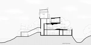 A modern hotel with multiple levels, a rooftop area, and clean lines, featuring people and trees in the background