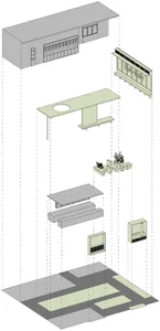 2D floor plan of a modern living space with chairs, tables, and a couch arranged in a functional layout