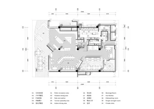 Modern interior design with open-plan living space, dining area, kitchen, and multiple smaller rooms