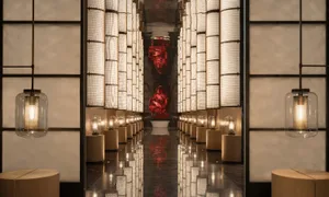 A long, well-lit hallway with multiple red sculptures displayed along its length, creating a vibrant and visually appealing environment