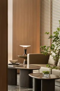 A cozy living area with a couch, coffee table, and a potted plant, featuring a warm and inviting atmosphere