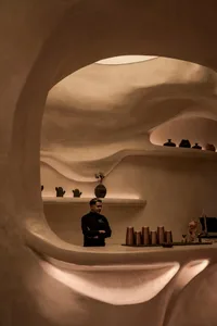 Warm and inviting restaurant interior with a bar area, vases, and comfortable atmosphere