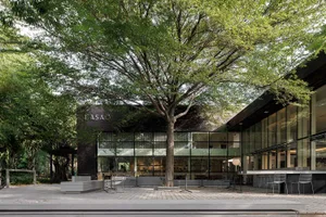 Outdoor dining area with glass walls, modern furniture, and a large tree in front of a restaurant building