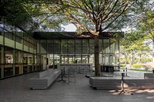 A serene outdoor space with a large tree, benches, chairs, and dining tables, perfect for social gatherings or events