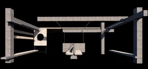 A modern open space with a black and white aesthetic, featuring a unique bridge-swing structure as a focal point