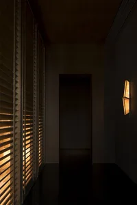 Dimly lit hallway with wooden walls and floors, featuring two doors on either side