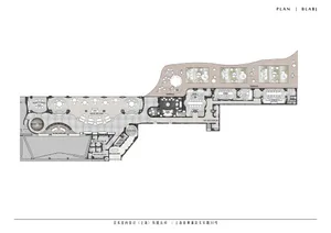 2D floor plan of a modern hotel with various rooms and spaces, including a lobby and dining hall, with a focus on functionality and guest convenience