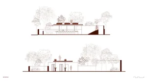 A house with a rooftop terrace featuring a dining table and chairs, surrounded by people in a relaxed and inviting atmosphere