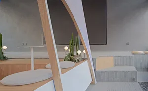 Modern interior design concept featuring a large white wall with a wooden structure and two cacti adding greenery to the space