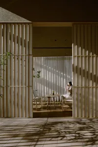 A well-lit indoor living space with a woman sitting on a chair near a dining table, surrounded by wooden furniture and a vase, creating a cozy atmosphere