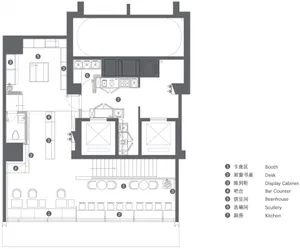 Commercial space with multiple rooms and modern design elements, including dining tables and chairs, in a top-down layout