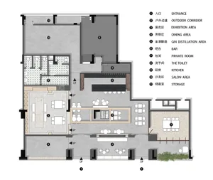 2D floor plan of a hotel with various rooms, including a dining area, bar, kitchen, and private rooms, with a focus on layout and design