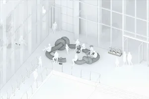 A bustling lobby with people walking, sitting, and standing in a space with multiple chairs and a sense of movement