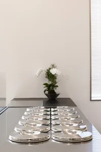 An empty kitchen with a countertop featuring a row of silver bowls and several potted plants, conveying a clean and organized atmosphere