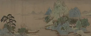 Serene mountain landscape with a bridge crossing a river, people scattered throughout the scene