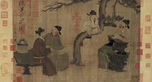 A serene oriental courtyard scene with people standing and sitting in a peaceful atmosphere