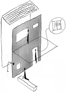 A black and white sketch of a house with three people interacting inside, suggesting a sense of curiosity and exploration