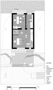 Two-story house floor plan with modern and traditional elements, featuring living room, kitchen, dining area, bedroom, and bathroom, with natural light and strategic window placement