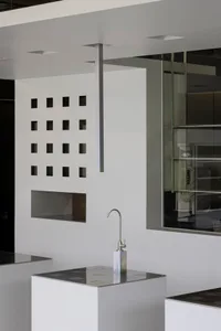 Modern kitchen with a wall-mounted sink, metal sink, and nearby bottles, set in a well-lit space