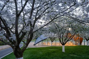 A park scene with a large building in the background, surrounded by trees, and several chairs placed throughout the area