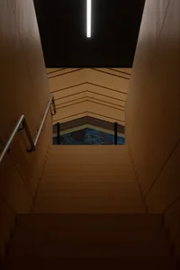 A real photo of a well-lit wooden staircase in a building, with a sense of depth and dimension