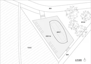 2D floor plan of a house with various rooms labeled in English and Chinese, set against a simple background with visible trees outside