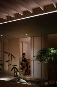 A serene living space with a woman sitting in a chair, surrounded by a potted plant and two chairs, with a calm atmosphere