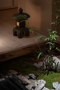 Indoor space with a wooden floor, stone wall, potted plants, and a small rock, creating a calm and inviting atmosphere