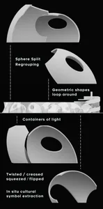 An architectural design concept featuring white spheres on different levels within a geometric structure with intricate walls, windows, and other architectural features