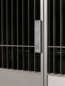 A dark interior space with an iron gate and no visible furniture or people